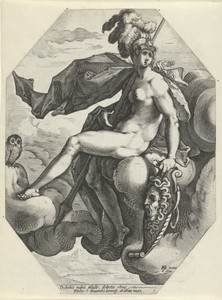 Minerva by Jacob Matham, created 1585 - 1589, in paper; engraving. Download this artwork as a high-resolution wallpaper for desktop, tablet, or mobile. — Jacob Matham Wallpaper