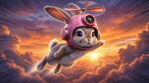 Lapin Ming-Ming volant au coucher du soleil avec un chapeau à hélice