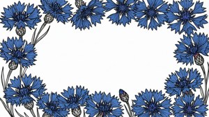 Minimalistische lijnkunst rand van korenbloemen in zwart op witte achtergrond.