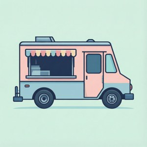 Un camion de glace vectoriel plat minimaliste dans des couleurs pastel avec des formes géométriques épurées.