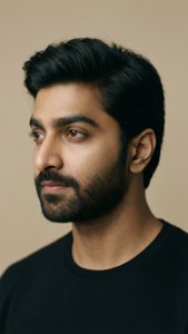 Profilo minimalista di Sidharth Malhotra su sfondo beige.