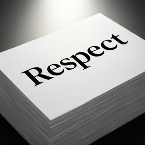 Et rent, minimalistisk bakgrunnsbilde av stablet papir med fet 'Respect'-tekst.