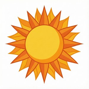 En ren platt vektor sol med lager av orange och gula strålar på vit bakgrund.