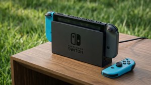 Minimalist wallpaper of docked Nintendo Switch on desk