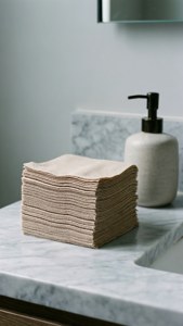 Stapel beiger Handtücher auf Marmor-Badezimmerarbeitsplatte mit Seifenspender