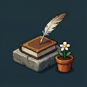 Una semplice carta da parati pixel art di un libro e una piuma accanto a un vaso di fiori su pietra.