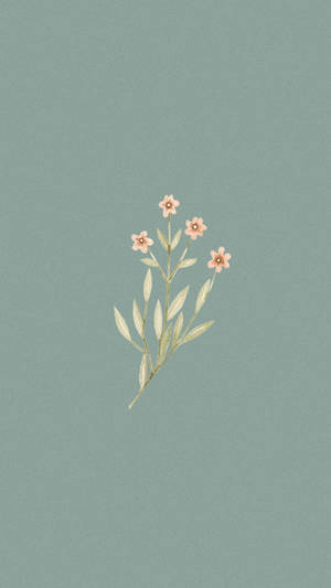 A minimalist illustration of a small flowering branch on a sage green background.