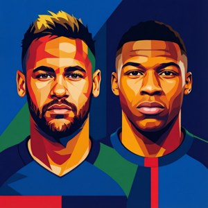 Minimalistisk vektorkunst af Neymar og Mbappe med dristige flade farver.