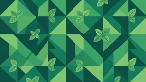 Um papel de parede geométrico abstrato com formas verdes em camadas e um sutil padrão de folha do Peppermint OS.