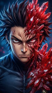 Primer plano de Kirishima usando su quirk de endurecimiento con ojos feroces.