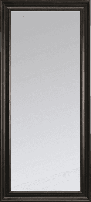Højt spejl med mørk træramme, der reflekterer omgivende lys på en almindelig væg. — Sort Spejl Wallpapers