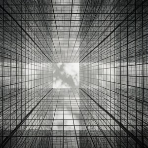 Sort-hvidt foto af 1152x864 spejlgitter, der reflekterer uendelig himmel i optisk illusion