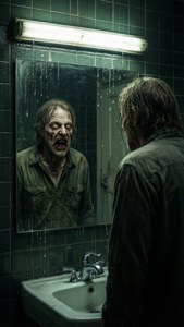 James Sunderland confronteert zijn monsterlijke spiegelbeeld in een Silent Hill-badkamer