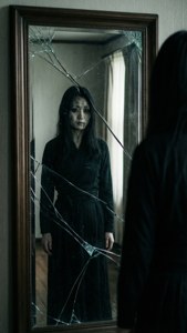 Kayako erscheint in einer gesprungenen Spiegelreflexion hinter dem Betrachter.