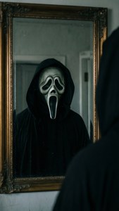 Ghostfaces refleksjon i et speil i et mørkt rom.
