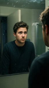 Evan Hansen melihat bayangannya di cermin