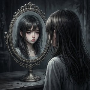 Takopi ser inn i et speil som reflekterer en jente i en symbolsk splittet scene.