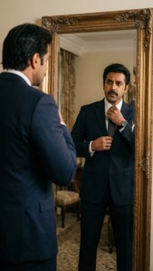 Arjun Rampal adjusting his tie in front of a mirror, elegant reflection