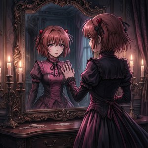 Haibara Ai in a gothic mansion looking at her mirror reflection, mysterious atmosphere.