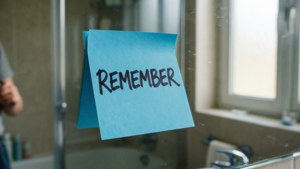 Fond d'écran photoréaliste motivant d'une note bleue Post-it sur un miroir de salle de bain.