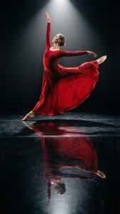 En balletdanser i en rød kjole spejles perfekt af en poleret gulv i et dramatisk studiemiljø