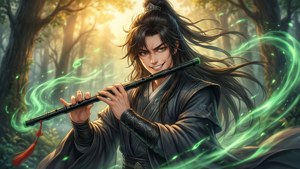 Wei Wuxian grins with Chenqing in a sunlit forest.