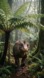 Arlo utforskar en dimmig skog med jätteormbunkar i The Good Dinosaur-stil.