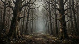 Ein düsterer Waldweg in Grijpmoeds gedämpftem, texturiertem Stil.