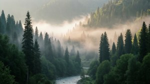 Paesaggio mattutino sereno e nebbioso nelle foreste del Nagorno-Karabakh