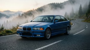 BMW E36 coupé i dimmig bergsscen vid gryningen.