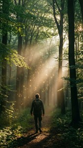 Zac caminhando por uma floresta nebulosa iluminada pelo nascer do sol.