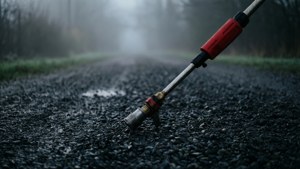 Et stemningsfullt bilde av en høytrykksspylerpistol på en grussti med tåke.