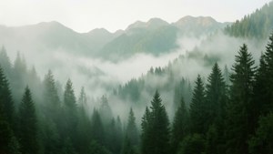 Dimmigt bergslandskap med dimma och tät tallskog, eterisk atmosfär.