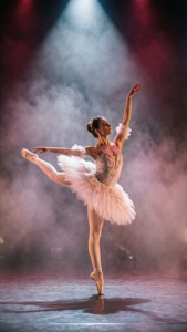 Ballerina melakukan pose arabesque di panggung berkabut dengan sorotan lampu.