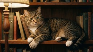 Verspielte Szene von Mittens, die auf einem Bücherregal liegt