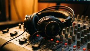 Uno sfondo accogliente con cuffie da studio su un mixer con calda illuminazione ambra