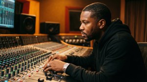 Lloyd Banks im Profil an einem Mischpult.