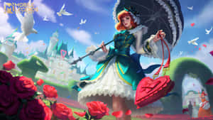 Anime girl in elegant dress with parasol and heart purse among roses and doves in fantasy garden. — Thorough Background