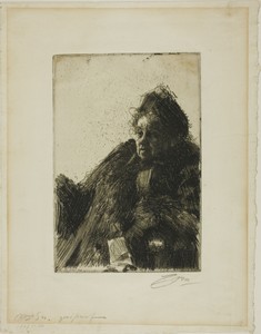 Mme Simon II by Anders Zorn, created 1891, in Etching on ivory laid paper. Download this artwork as a high-resolution wallpaper for desktop, tablet, or mobile. — Illustration Wallpaper