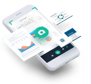 Smartphone showing business data with floating documents and cards on a grid.