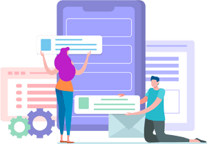 Two people arranging digital interface elements like messages and settings icons. — Application PNG