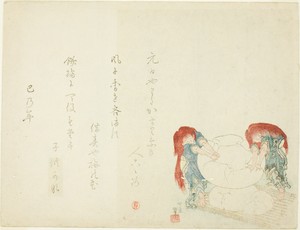 Mochi Making by Katsushika Hokusai, created 1845, in Color woodblock print; surimono. Download this artwork as a high-resolution wallpaper for desktop, tablet, — Katsushika Hokusai Wallpaper