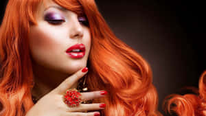 Woman with orange hair and purple eyes wearing red lipstick and a large red ring. — Model Picture
