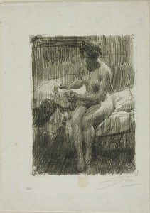 Model Reading by Anders Zorn, created 1910, in Etching on ivory laid paper, laid down on card. Download this artwork as a high-resolution wallpaper for desktop, — Illustration Wallpaper