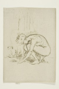 Model Stooping by James McNeill Whistler, created 1887/88, in Etching and drypoint with foul biting in black ink on cream laid paper. Download this artwork as a — Illustration Background