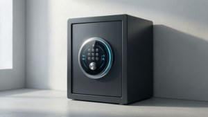 Uma renderização fotorrealista de um cofre digital elegante em uma sala minimalista.