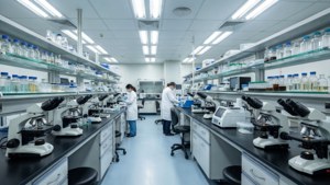 Lyst sterilt retsmedicinsk laboratorium med mikroskoper, forskere og analytisk udstyr