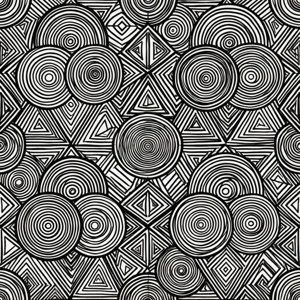 Halaman mewarnai geometris abstrak dengan lingkaran dan segitiga, sempurna untuk relaksasi kreatif.