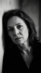 Film noir stil sort/hvid portræt af Mona Simpson med dramatiske skygger.
