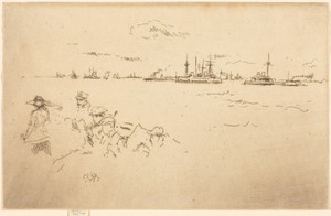 Monitors by James McNeill Whistler, created 1887, in etching and drypoint on laid paper. Download this artwork as a high-resolution wallpaper for desktop, table — James McNeill Whistler Wallpaper